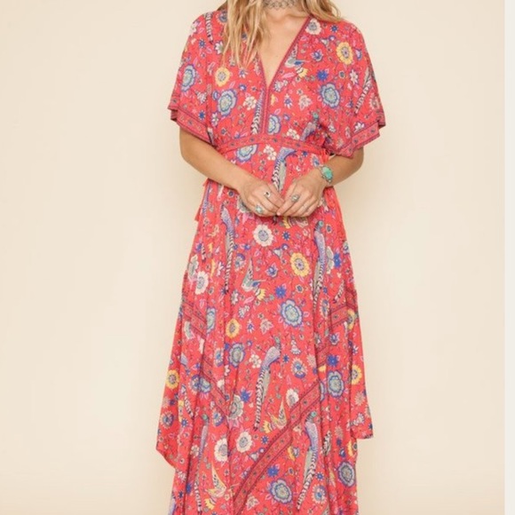 Red Lovebird Boho Floral Flare Maxi Dress W/Empire Waist Tassels&Batwing Sleeves - Picture 4 of 15